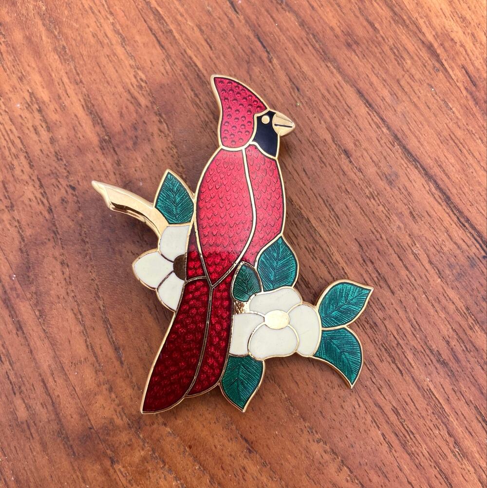 Vintage Fine Enamels Cardinal Bird Brooch Pin Gold Tone Red Enamel Floral